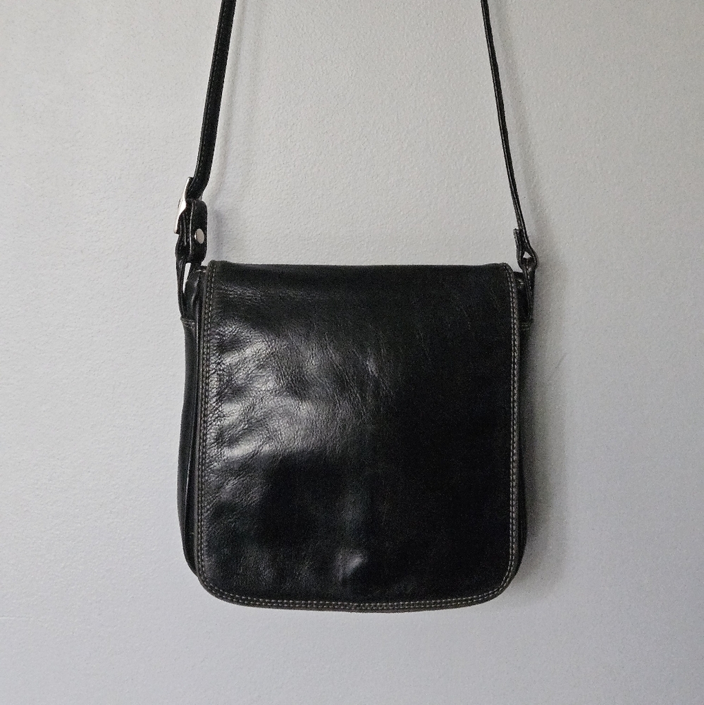 Derek Alexander Black Leather Messenger Bag with Organizer & Multiple Pockets